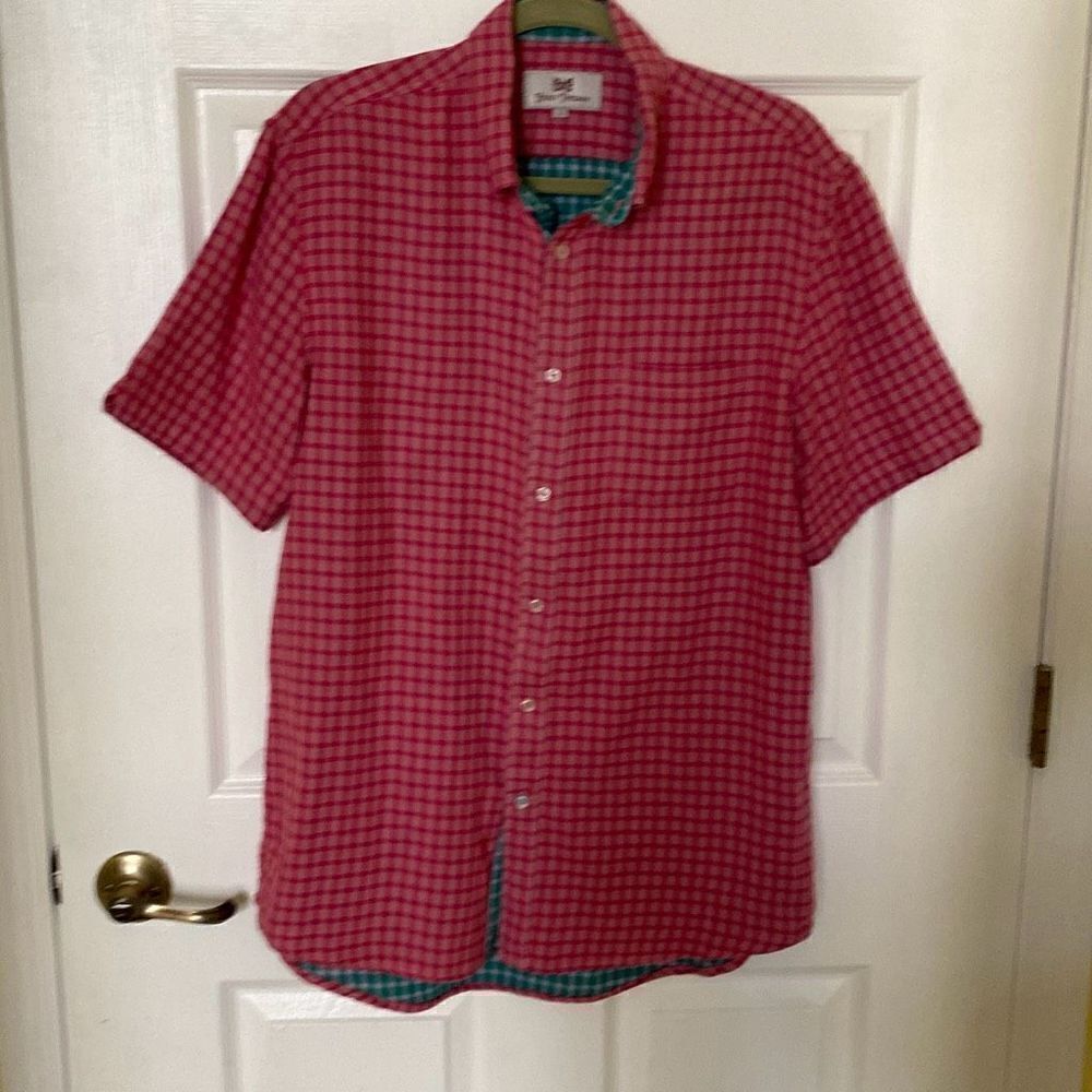 Mens Hickey Freeman Short Sleeve Fuchsia Plaid With Teal Plaid Accents Button Do